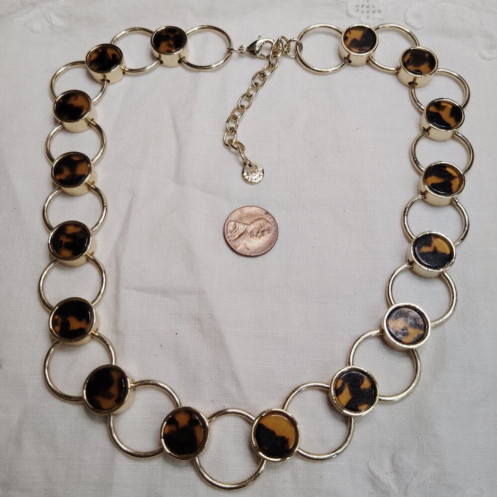Talbots Gold Tone Link Necklace Faux Tortoise Disc Stations 18.5” + Extender